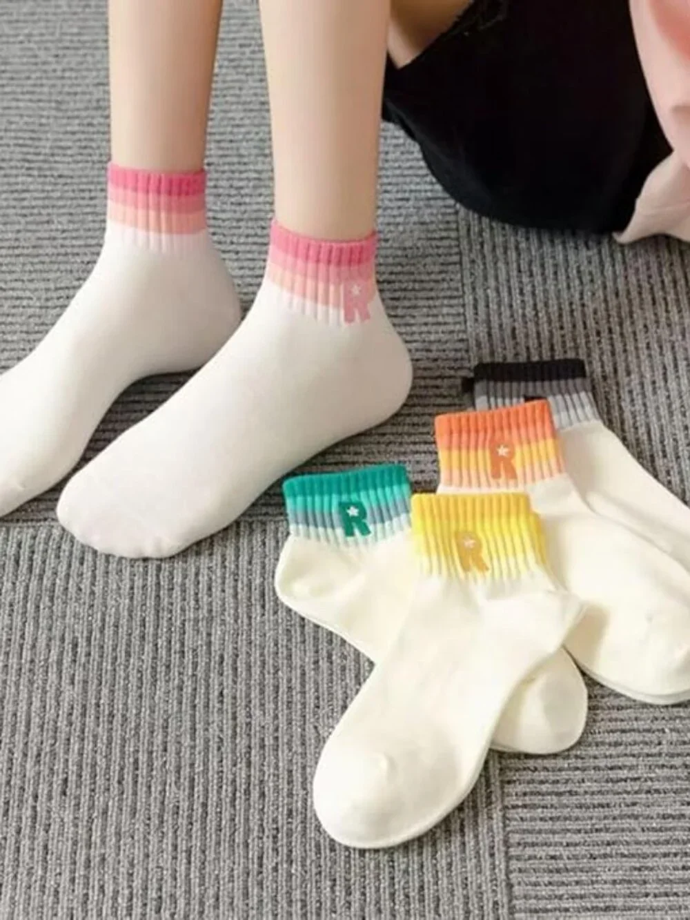5 Pair Stripe Ankle Socks R Monogram one size fits most Womens. New Pink Green